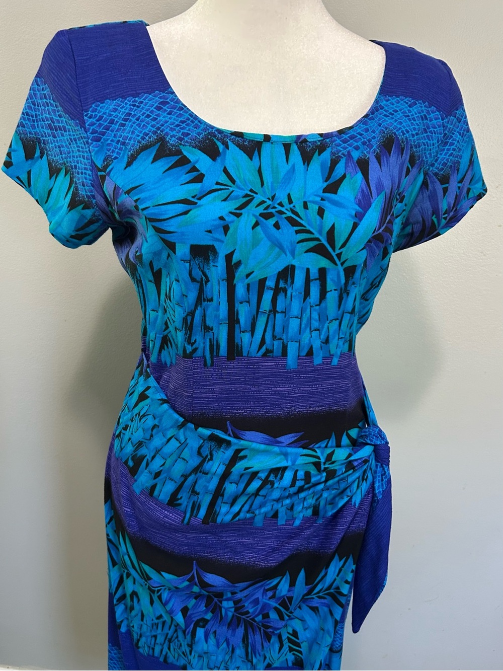 Vintage Island vibes Tropical Blue Teal purple Leaf Print wrap Dress - Picture 7 of 8